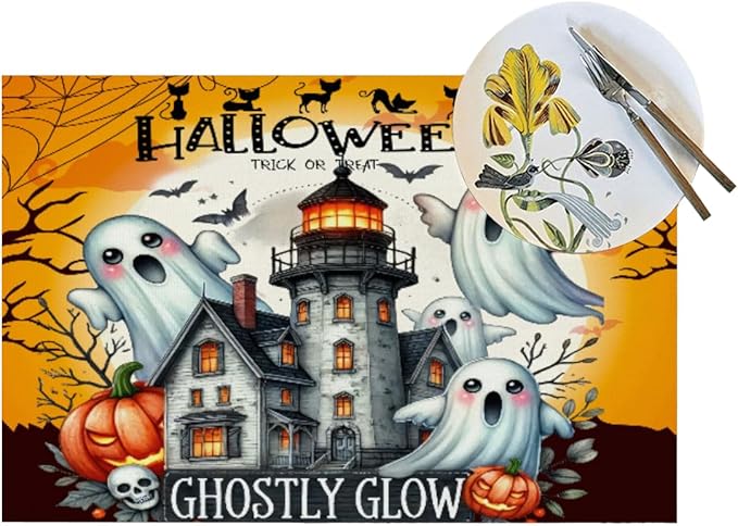 PVC Placemats Set of 4 Wipeable Table Mats Washable Heat Resistant Non Slip Vinyl Dining Table Mat for Kitchen Indoor Outdoor Patio Farmhouse Place Mats Black Halloween Castle Decorative