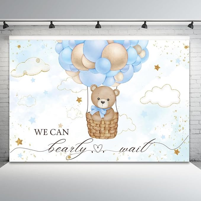 12x8ft Baby Shower Backdrop Bear Hot Air Balloon Photography Background Blue Brown Balloons White Cloud Glitter Gold Stars Birthday Party Banner Decorations Newborn Parties Photo Booth Prop