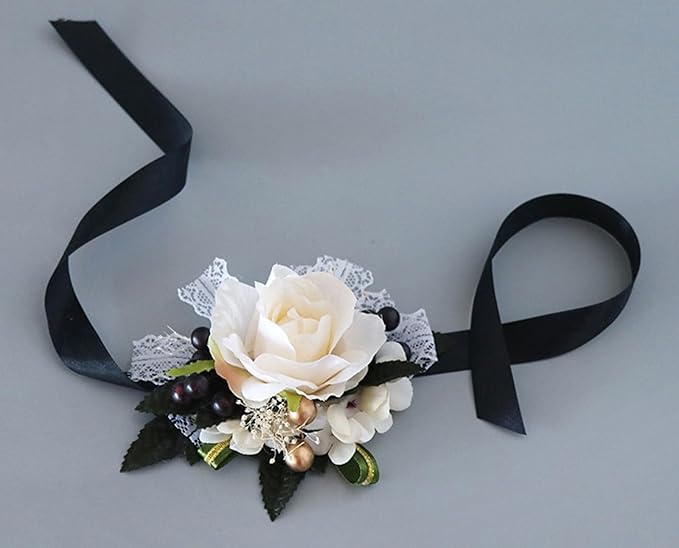 Aimto Ivory Rose Rose&Black Wrist Corsage and Boutonniere Set for Ivory Rose Wedding Flower Accessories Prom Suits (3pairs Ivory Rose Set)