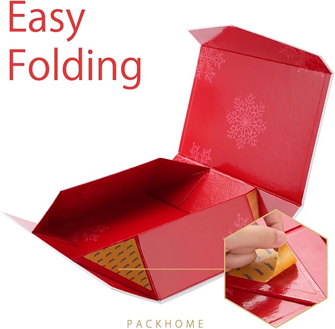 PACKHOME Large Christmas Gift Box 13.5x9x4.1 Inches, Sturdy Collapsible Gift Box with Magnetic Closure Lid (Red Snowflake Pattern)