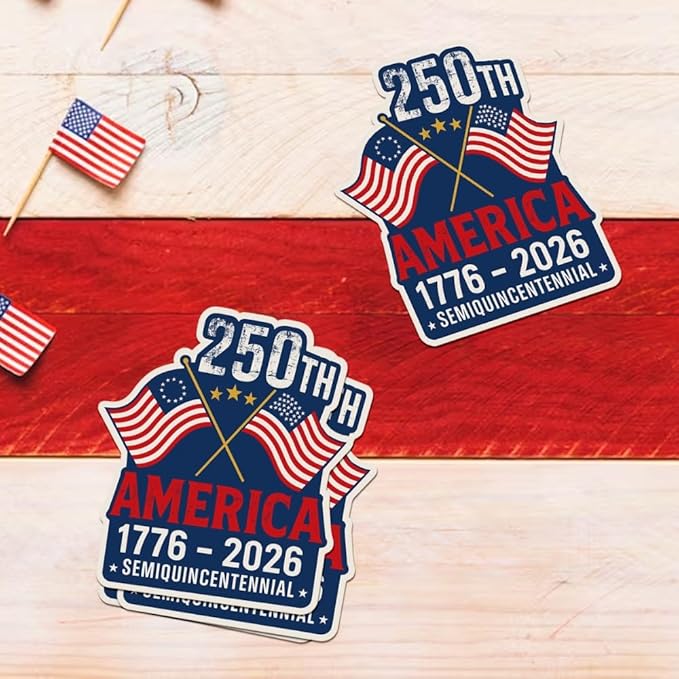 HANDICHI Design 5-Pack 2 Inch USA 250th Anniversary Stickers, Waterproof Patriotic Vinyl Decals with American Flag (1776–2026)