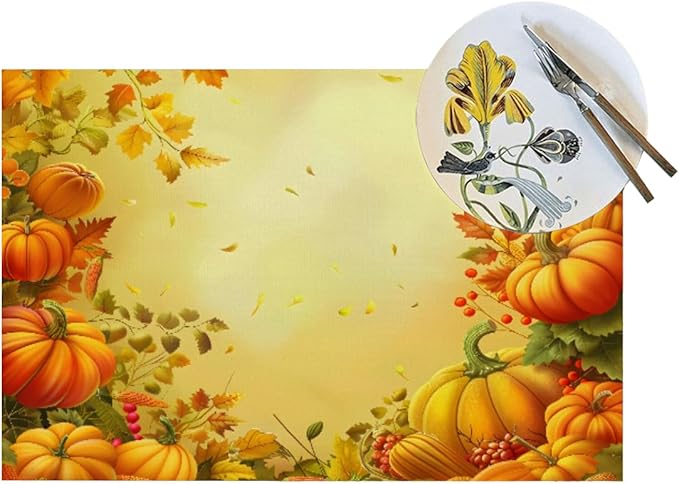 PVC Placemats Set of 1 Wipeable Table Mats Washable Heat Resistant Non Slip Vinyl Dining Table Mat for Kitchen Indoor Outdoor Patio Farmhouse Place Mats Thanksgiving Pumpkin Leaf Decorative