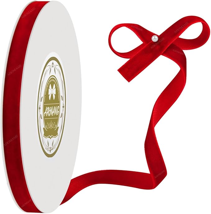 Red Velvet Ribbon - 3/8 Inch x 10 Yards for Gift Wrapping, Crafts, Christmas Decor, Bow Making, Vintage Fabric