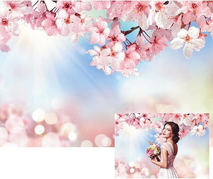 Renaiss 10x6.5ft Cherry Blossom Floral Backdrop Pink Flower Sunshine Bokeh Romantic Nature Scenery Photography Background for Wedding Bridal Shower Birthday Party Decor Photo Booth Props