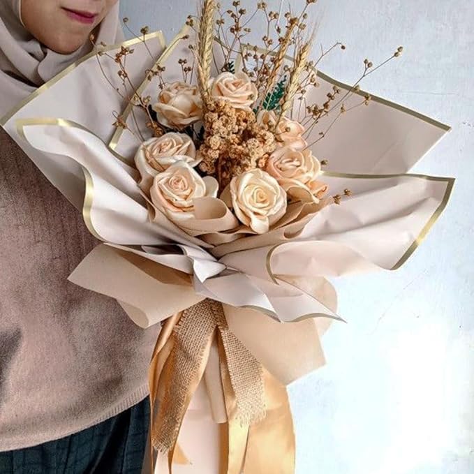WRAPAHOLIC 20 Sheets Flower Wrapping Paper - 22.4 x 22.4 inch Nude Color with Gold Edge Water-Resistant Floral Bouquet Wrapping Paper, Florist Supplies Packaging Paper for Wedding Birthday Gift DIY