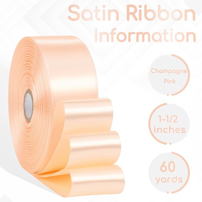 Champagne Pink Satin Ribbon 1-1/2 Inch x 60 Yards, Solid Polyester Fabric Ribbons for Flower Bouquet, Gift Wrapping, Handmade Roses, Crafts, Hair, Wedding