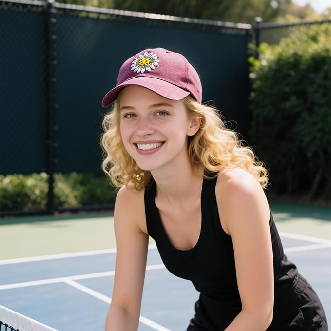 Waldeal Pickleball Hat for Women, Ajustable Embroidered Daisy Washed Denim Baseball Cap