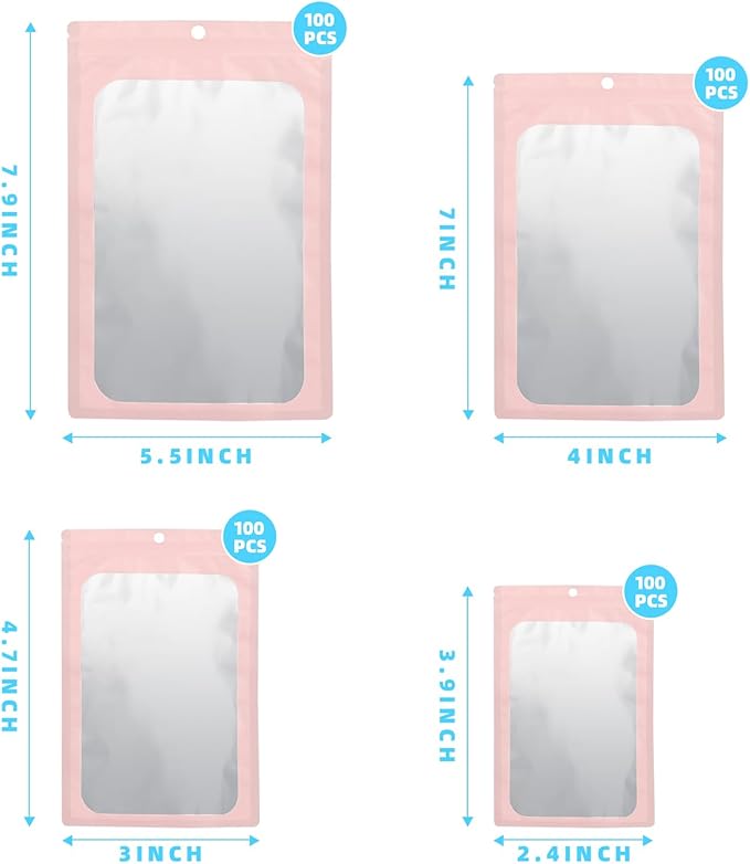 400 Pack 4 Size Bags with Clear Window,Scratch Resistant Hand Holographic Packaging Pouch,Resealable Bag for Small Bussiness Cookies Jewelry Candy Sample (Pink, 2.4×3.9,3x4.7,4×7,5.5×7.9 inch)