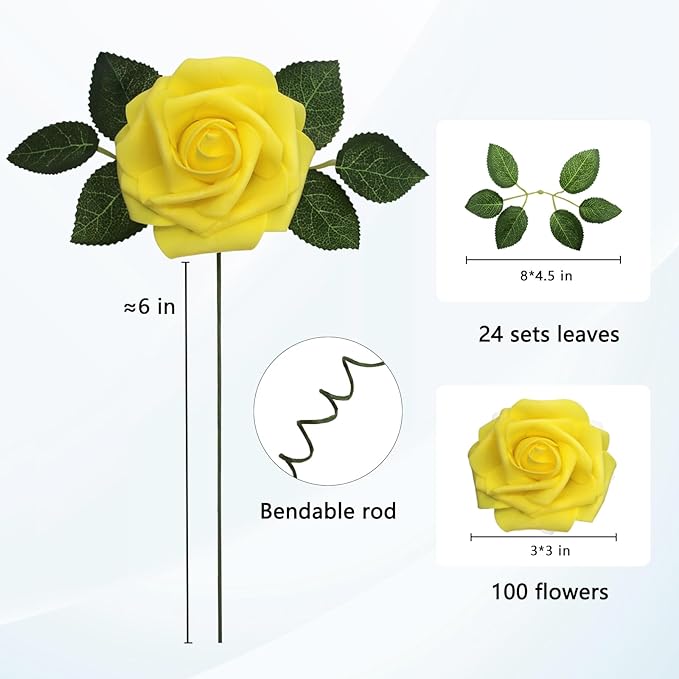 JOYLEX Artificial Flowers Yellow Realistic Roses, Real Looking Fake Roses with Stem for DIY Wedding Bouquets Centerpieces Bridal Shower Party Home Romantic Decorations (Yellow, 100pcs)