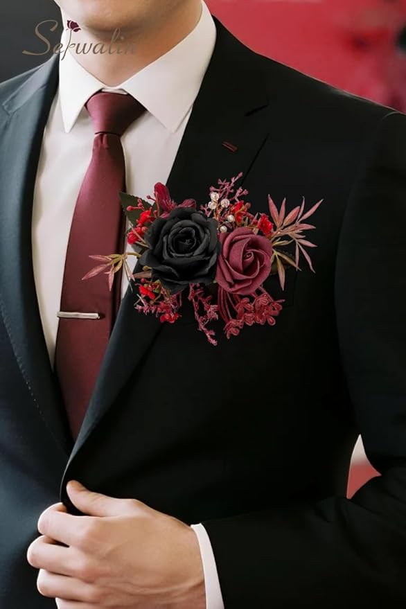 Serwalin Black Bungundy Wrist Corsage and Boutonniere Set 2pcs, 6-7inch Boutonniere for Men, Corsage Wristlet Wristband Prom Flower Wedding Flowers Accessories Prom Suit Decorations