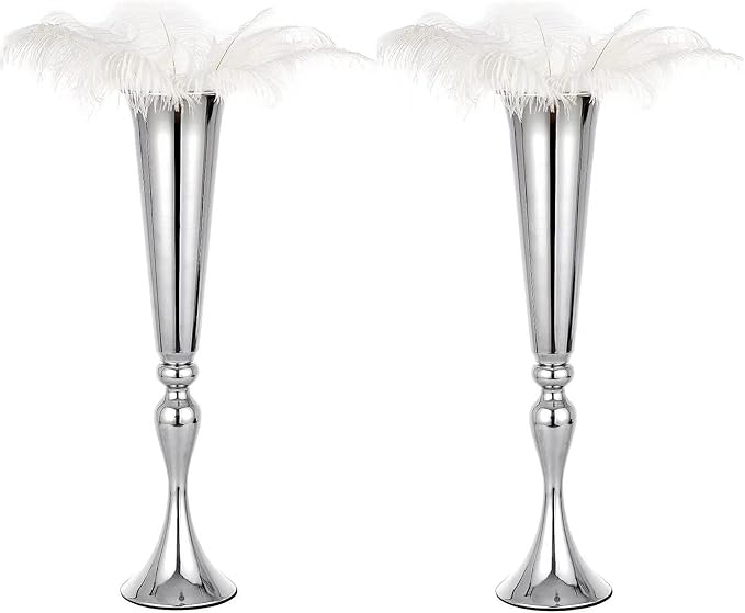 Set of 2 Versatile Metal Tabletop Flower Stands, Silver Dining Table Centerpiece Vases, 21.9" Tall Trumpet Vases for Wedding Birthday Ceremony Party Special Event Home Décor