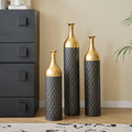 Floor Oversized Gold Metal Decorative Vase with 3D Triangle Pattern Set of 3 Large Vases for Home Living Room 33.5 ", 29.5 ", 25.2" High (Matte Black)