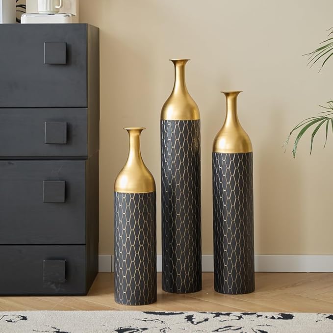 Floor Oversized Gold Metal Decorative Vase with 3D Triangle Pattern Set of 3 Large Vases for Home Living Room 33.5 ", 29.5 ", 25.2" High (Matte Black)