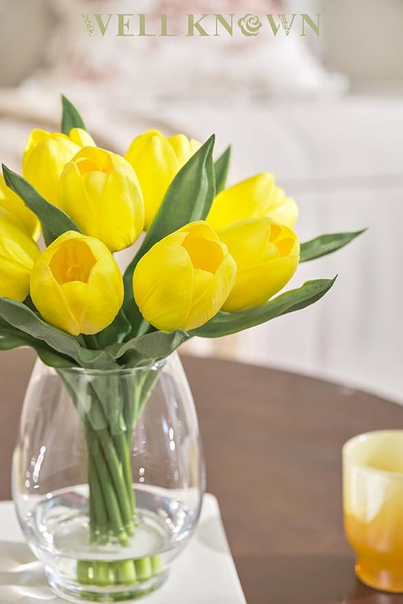 WELL KNOWN 12 Pcs Fake Big Tulips Artificial Flowers in Vase with Faux Water, Real Touch Foam Yellow Flower Arrangement with Glass Vase for Home Wedding Party Decor Dining Table Centerpiece & Gift