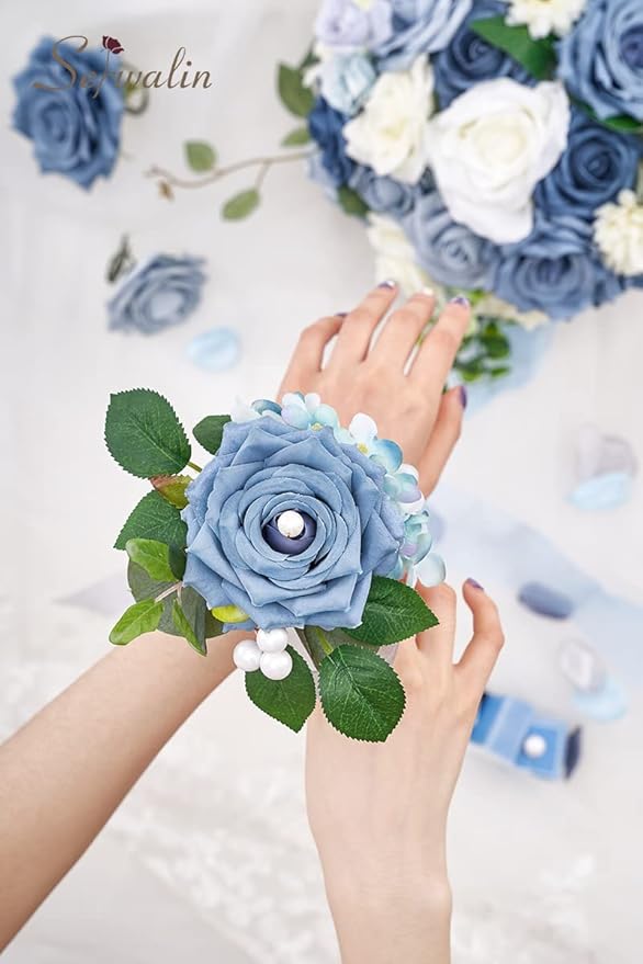 Serwalin Artificial Flowers Blue Fake Silk Foam Wedding Flowers for Bridal Bouquet White Roses with Stems for Home Party Decoration Faux Flower Table Centerpieces Arrangements for Baby Shower