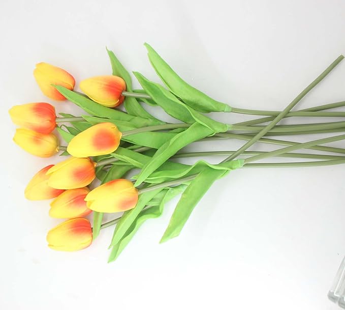 Artificial Flowers 10 Heads Mini Real Touch Artificial Tulip for Home Wedding Party Centerpiece Decoration (Orange)