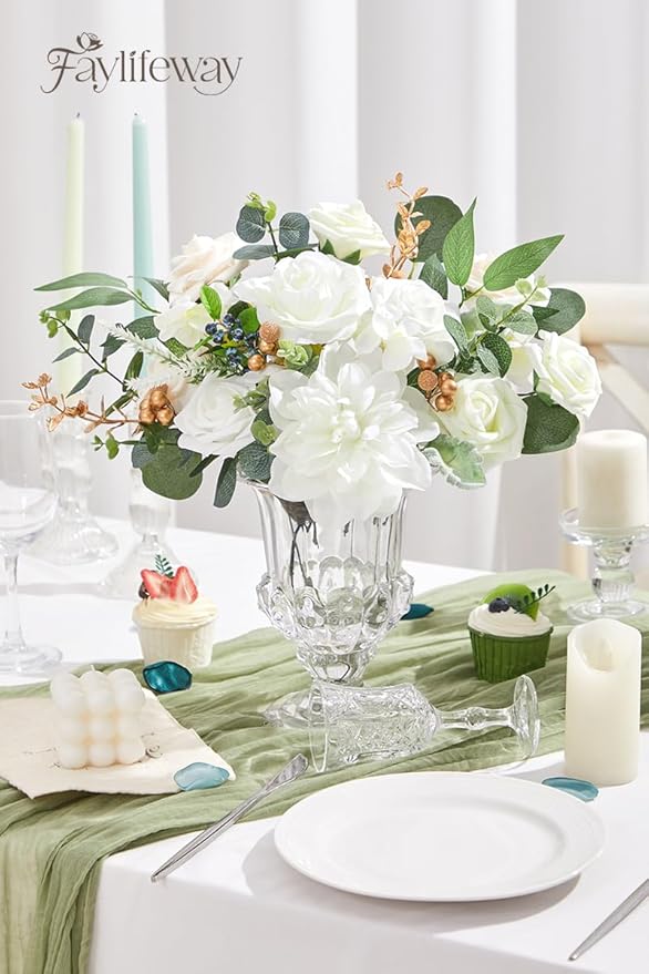 Artificial Flowers, 2PCS White Silk Flowers with Stems for DIY Wedding Bridal Bouquets Baby Shower Floral Arrangement Table Centerpieces Home Decoration