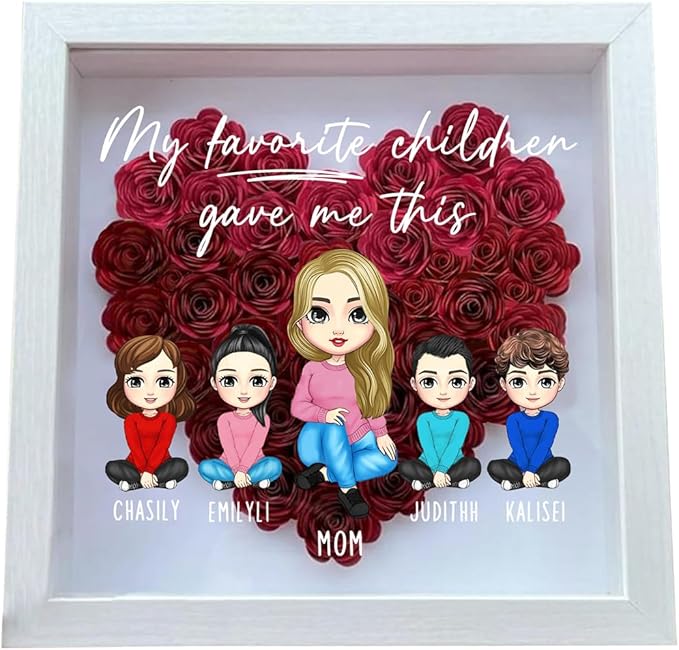 Personalized Mom Flower Shadow Box Custom Heart Shaped Rose Flower Shadow Box Frame My Favorite Children Gave Me This Mother's Day Portrait Shadowbox Memory Gifts for Mom from Daughter Birthday