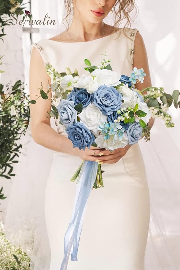 Serwalin Artificial Flowers Blue Fake Silk Foam Wedding Flowers for Bridal Bouquet White Roses with Stems for Home Party Decoration Faux Flower Table Centerpieces Arrangements for Baby Shower