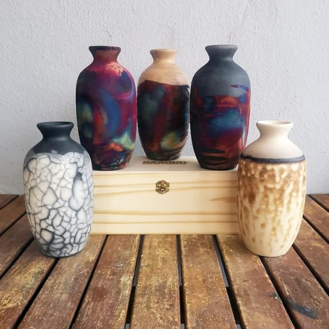 RAAQUU Koban 7 inch Raku Ceramic Pottery Vase with Gift Box Corporate Gift in a Pine Box -Personalized Rustic Boho Handmade Gift in Carbon Half Copper Matte