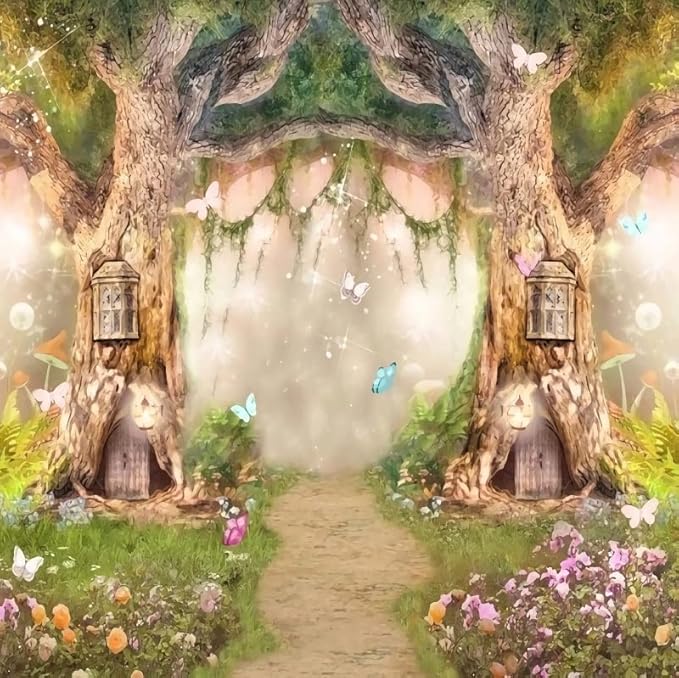 Leowefowa 10x10ft Vinyl Birthday Backdrops Fairy Tale Forest Enchanted Flower Baby Shower Photo Backgrounds for Birthday Party Photoshoot Newborn Baby Kids Children Studio Props Photography Banner