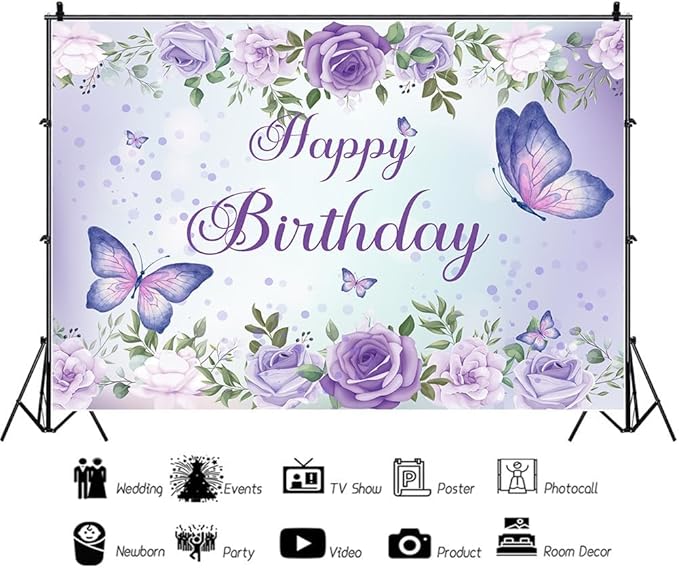 Purple Butterfly Birthday Banner Backdrop for Women Girl (59x36 inch) Purple Happy Birthday Decorations Banner for Women Rose Flowers Butterfly Backdrop Decortions for Girl