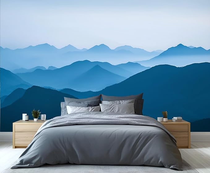 Minimalist Blues Mountain Wall Mural, Misty Layered Hills 3D Wall Murals, Serene Misty Mountains Wallpaper Mural, for Living Room Bedroom Large Wallpaper Indoor Decor 118" W x 82.6 "H