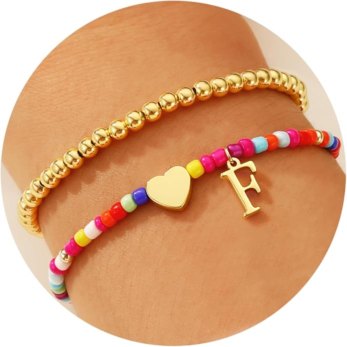 Ritach Christmas Gifts for Teens Girls Kids - 2PCS Colorful Heart Initial Bracelet Stackable Real Gold Plated Stretchable Beaded Bracelets for Teen Girls Kids Birthday Gifts Stocking Stuffers
