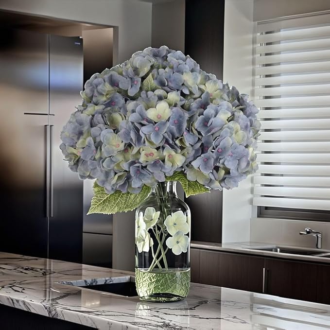 2Bouquets Artificial Fake Flowers Plants Silk Hydrangea Arrangements Wedding Bouquets Decorations Plastic Floral Home Kitchen Garden Party Festival Bar DIY (Bluish Green)