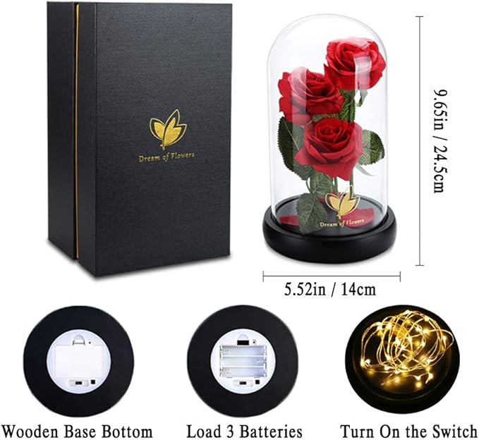 Christmas Flower Gifts for Women,Beauty and The Beast Rose in Glass Dome with 2 Light Modes,Eternal Rose Romantic Xmas Gift for Her,Xmas Birthday Gifts for Women Mom Wife Girlfriend,Silk Red Rose