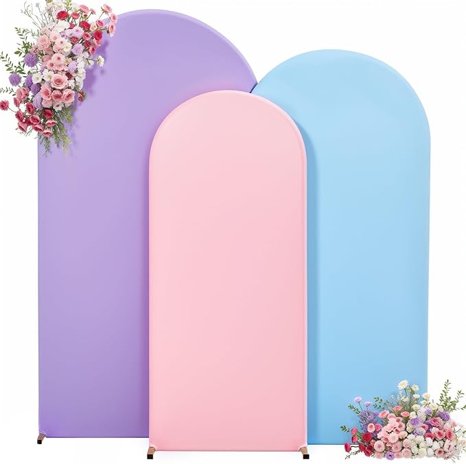 Rainbow Arch Backdrop Cover 8FT 7.2FT 6.6FT Stretchy Wedding Arch Covers Set of 3 Spandex Fitted Pink Blue Lavender Fabric Backdrop Cover for Party Baby Shower Birthday Decoration