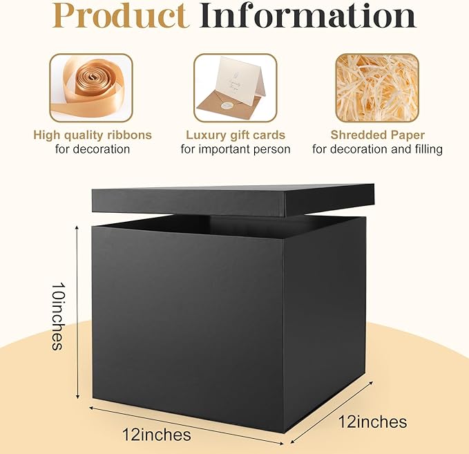 Donyang Gift Box, 12x12x10 inches Large Black Gift Boxes for Presents with Lids, Birthday Box, Groomsman Proposal Box, for Wedding, Valentine's Day, Mother's Day, Halloween, Christmas Gift Packging