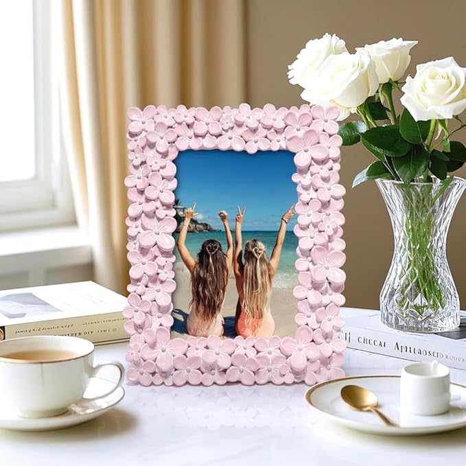 Hodao 4×6 Pink Floral Picture Frame — Handcrafted Textured Flower Picture Frame with Plastic Photo Cover & Built-In Easel for Tabletop Display, Decorative Home Décor, Nursery & Photo Keepsake
