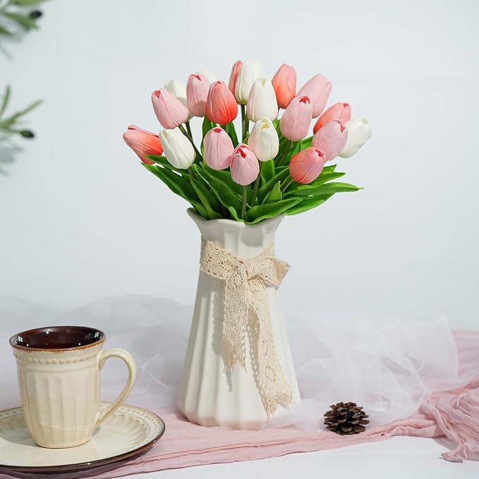 Real Touch Artificial Tulips, 20pcs Fake Tulip Flowers Stem, PU Faux Tulips 13.5” for Mother's Day, Home Decor, Wedding, Easter Valentine's Gift, Table Centerpieces, Pink Series and White