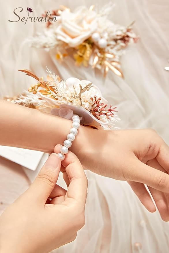 Serwalin Champagne Corsage and Boutonniere Set 𝟮𝙥𝙘𝙨, 𝟲-𝟳 𝙄𝙣𝙘𝙝 Boutonniere and Wrist Corsage Wristband Prom Flower Wedding Flowers Accessories Prom Suit Decorations Cake Topper