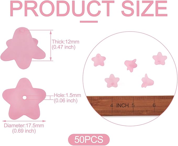Crafans 50Pcs Frosted Acrylic Flower Beads Pink Floral Pendants Trumpet Flower Bead Caps Loose End Spacer Beads for Jewelry Making Supplies 17.5x12x1.5mm