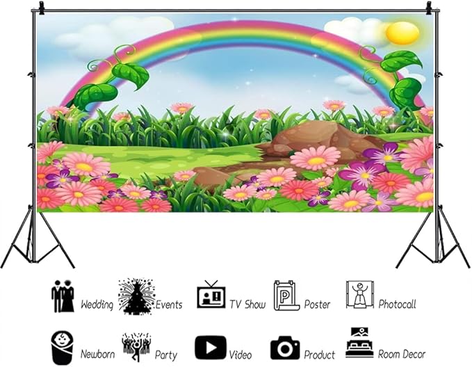 AOFOTO 15x8ft Cartoon Spring Flowers Rainbow Backdrop Meadow Sweet Floral Blossom Sky Sun Enchanting Garden Scenery Background for Kids Baby Shower Birthday Party Decor Wallpaper Photoshoot Props