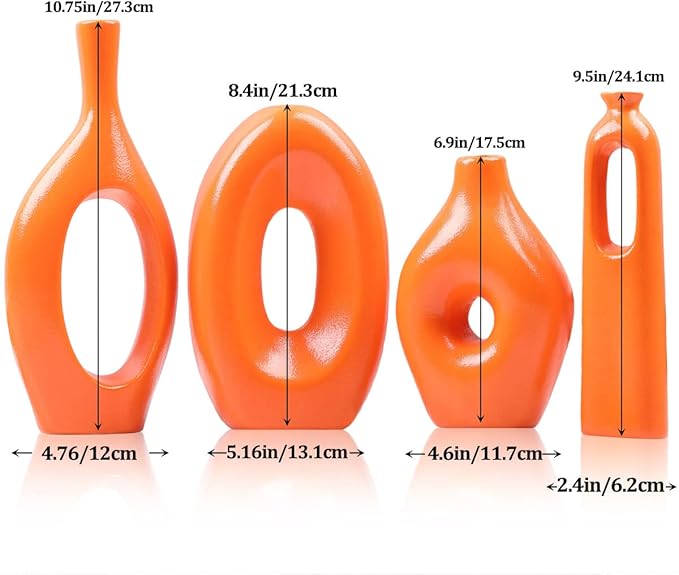 Orange Ceramic Vase Set of 4 - Round Hollow Boho Vases for Pampas Grass and Flowers Decor, Modern Minimalist Small Vases for Living Room, Bedroom, Fireplace, Coffee Table Decor and Centerpieces