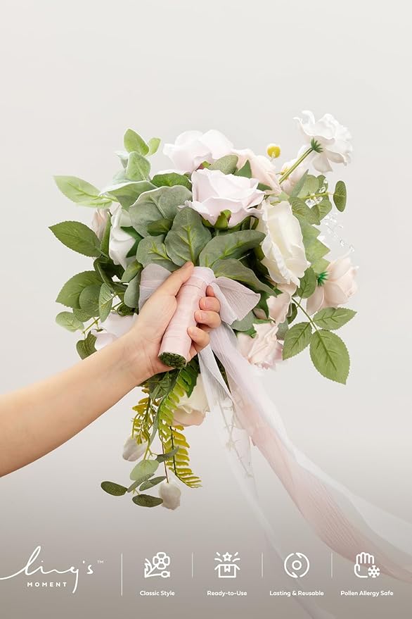 Ling's moment Blush Pink Bridal Bouquet Cascading, Coral Wedding Bouquets for Bride, 13 Inch Bride Bouquets for Wedding Artificial Flowers Bouquets