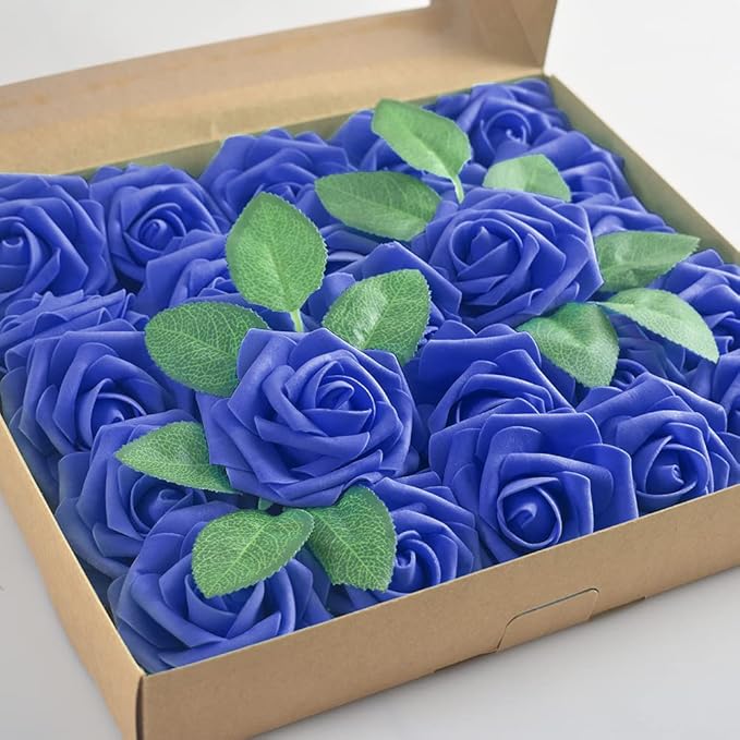 homEdge Artificial Rose, 25pcs Foam Artificial Flowers with Stem for Home Decorations, Wedding Bouquets, Party, Certerpieces, Anniversaries-Royal Blue