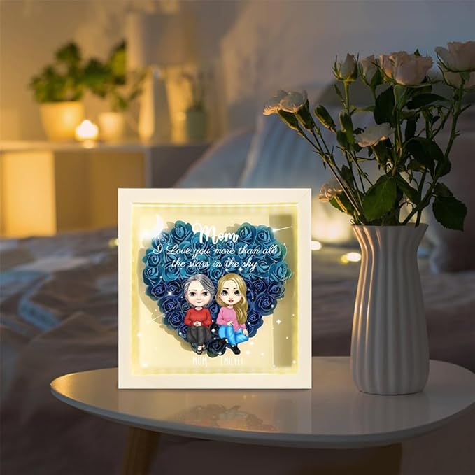 Personalized Mom Flower Shadow Box with LED Light Custom Heart Shaped Rose Flower Shadow Box Frame Everything We Are Is Because Of You Mother's Day Portrait Shadowbox Memory Gifts for Mom