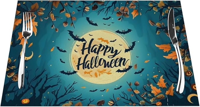 PVC Placemats Set of 4 Wipeable Table Mats Washable Heat Resistant Non Slip Vinyl Dining Table Mat for Kitchen Indoor Outdoor Patio Farmhouse Place Mats Halloween Bat Maple Decorative