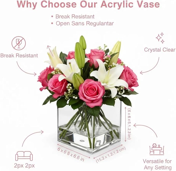 2 Pack Clear Acrylic Square Cube Flower Vase 6x6x6 Inches - Break Resistant Decorative Vase for Wedding Centerpieces, Home Office Party Decor & Succulent Planters