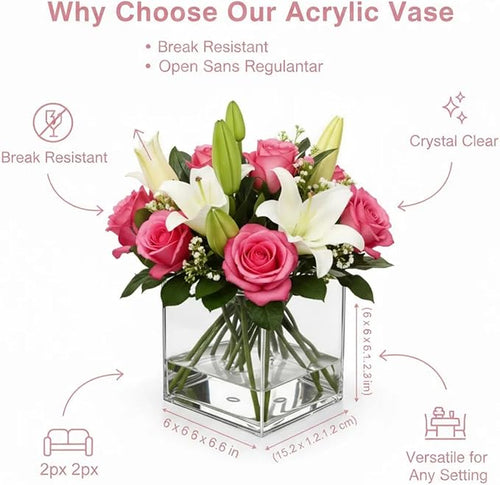 2 Pack Clear Acrylic Square Cube Flower Vase 6x6x6 Inches - Break Resistant Decorative Vase for Wedding Centerpieces, Home Office Party Decor & Succulent Planters