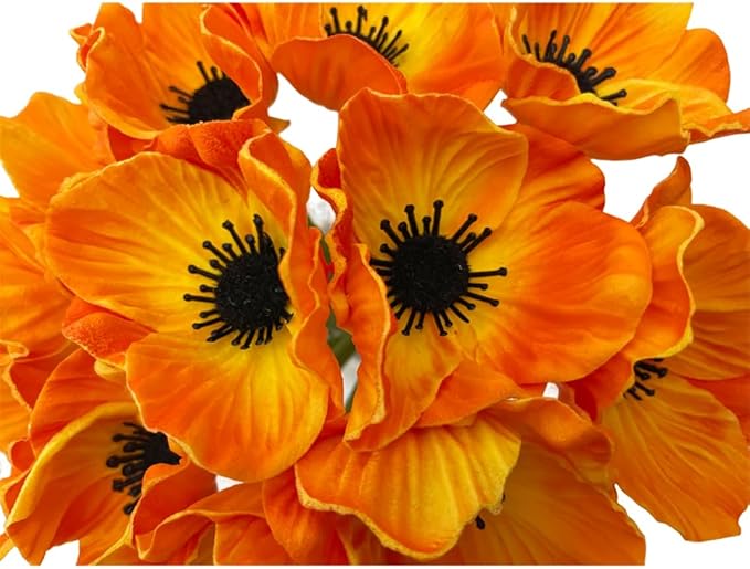 14Pcs Real Touch Anemone Poppy Bouquet for Artificial Flower Decor Kitchen Table Centerpiece Vase Home Greenery Wedding Holding Flowers Backdrop Arch Wall (Orange)