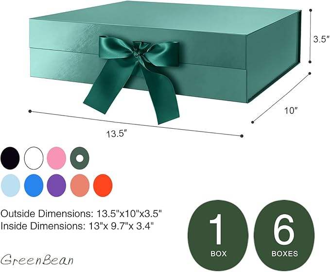 GREEN BEAN Large Gift Box with Lid for Present 13x9.7x3.4 Inches, Green Magnetic Gift Box with Ribbon, Bridesmaid Proposal Box (Glossy Green)