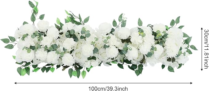 Eapmic Artificial Flower Row, 39.37in Peony Hydrangea Floral Arrangement, Faux Flower Panel Table Centerpiece for Wedding Arch Wall Backdrop Ceremony Reception Home Party Decoration (White)