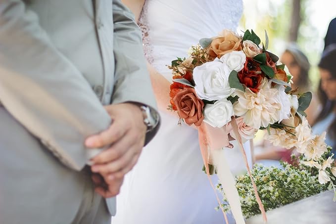 Wedding Bouquet, 11 Inch Terracotta Wedding Decor Artificial Flowers Bridal Bouquet Cascading Wedding Bouquets for Bride for Wedding Ceremony and Anniversary(Chic Terracotta)