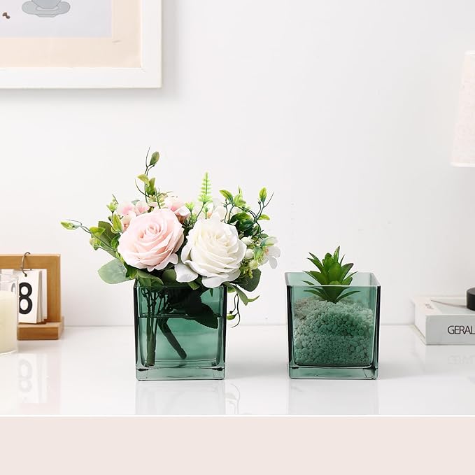 Square Glass Vases Set of 9, 5" x 5" x 5" Green Flower Vases for Centerpieces, Square Vase for Flowers, Small Vase for Wedding, Party, Home Office Decoration