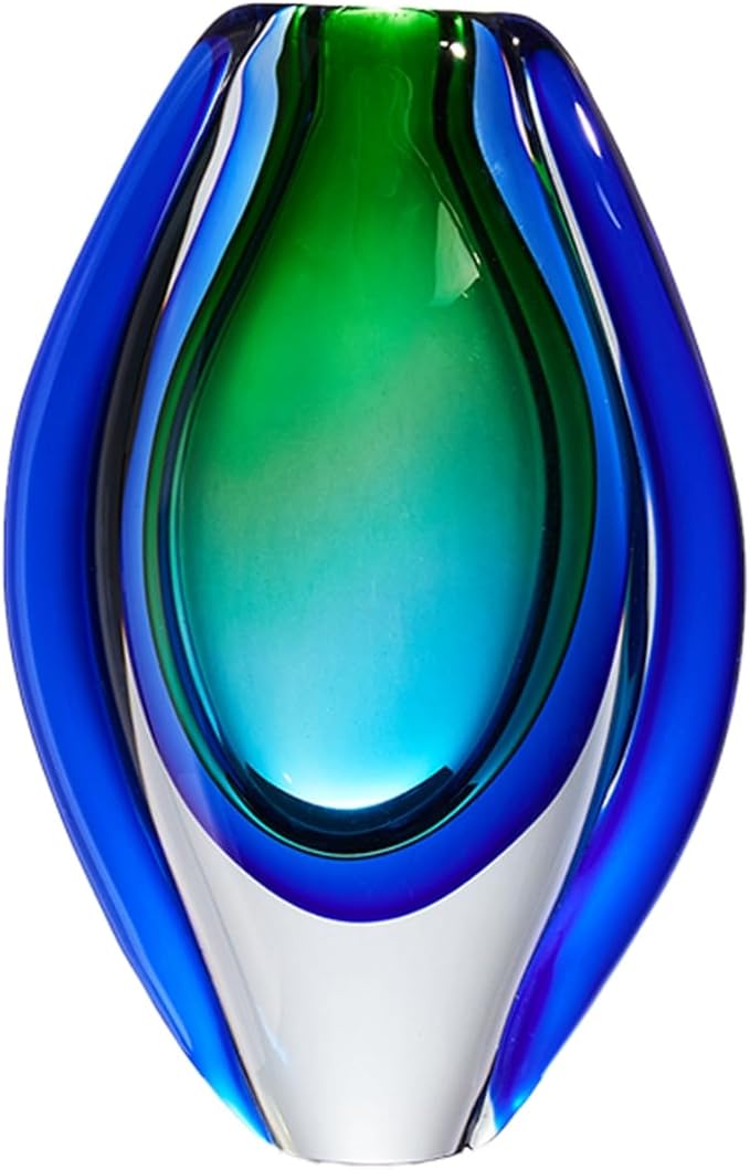 Luxury Lane Hand Blown Sommerso Oval Art Glass Vase for Decor 8.5 inch Tall Centerpiece Table Decoration Emerald Green